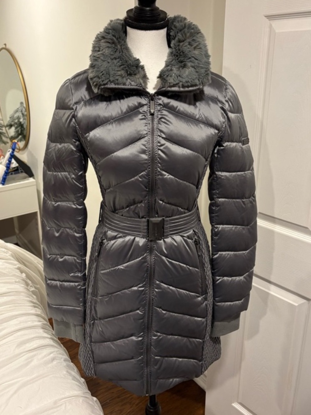 BCBGMAXAZRIA Metallic Grey Long Puffer Coat Faux Fur Belted XS